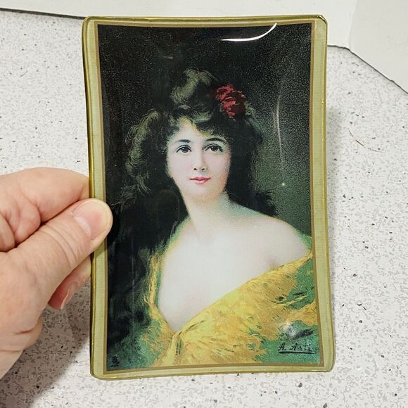 Asti Glass Pin Vanity Ring Dish Small Tray Edwardian Victorian Woman Portrait - Picture 3 of 6
